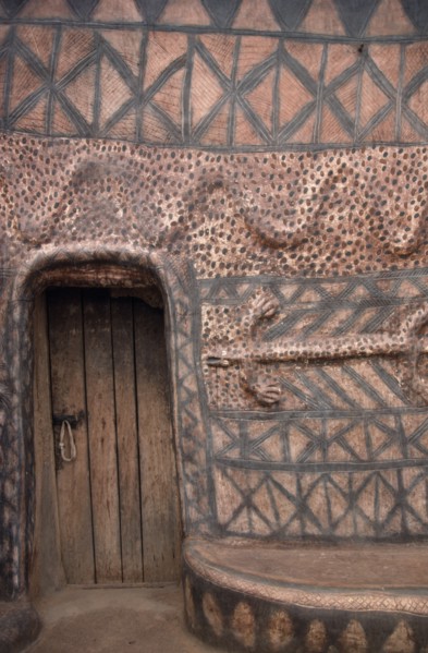 GHANA, North, Architecture, "Detail of traditional mud architecture painted with red and black