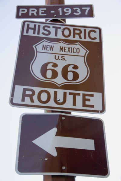 USA, New Mexico, Santa Fe, Roadsign on The Old Santa Fe Trail for the Historic Route 66