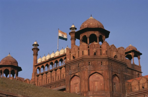 INDIA, Delhi, The Red Fort.  Part view of exterior showing the Naubat Khana or Drum House where