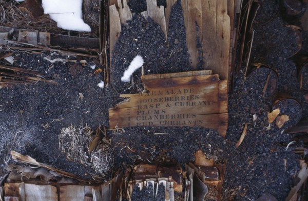 ANTARCTICA, Cape Evans, Detail of Scotts hut exterior with a list of fruit written on a broken
