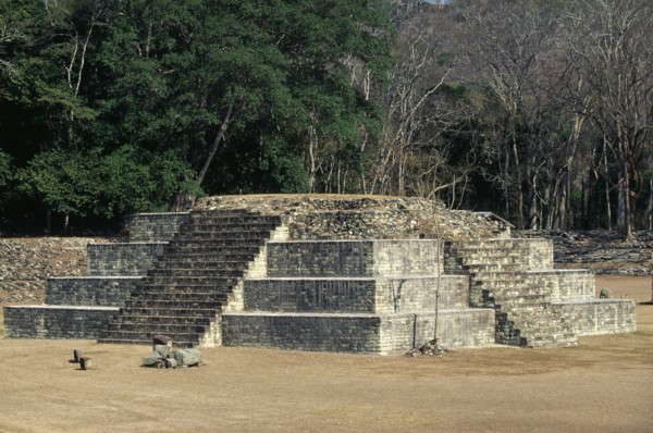 HONDURAS, Copan, Step Pyramid in the Great Plaza of Mayan ruins in the Western Highlands.