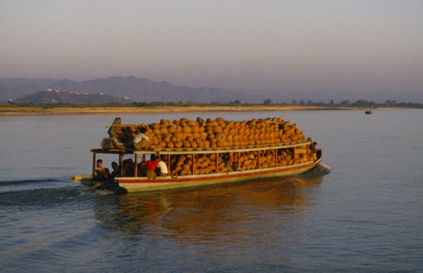 MYANMAR, Transport, Boat full of clay pots on the Irrawaddy River between Mandalay and Mingun.