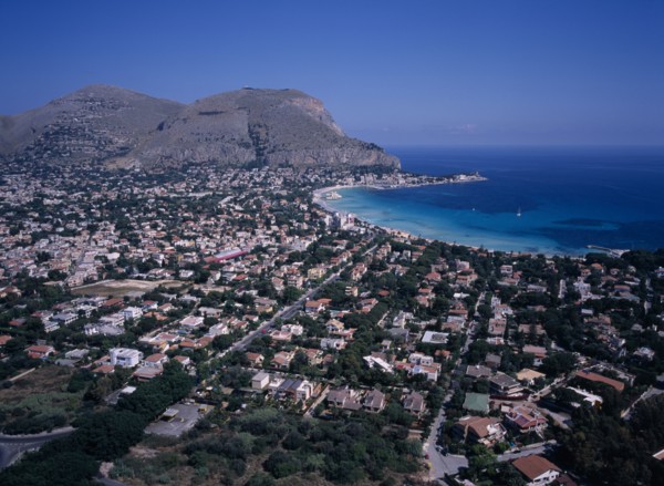 ITALY, Sicily, Palermo, "Aerial view of the coastal town of Mondello, North of Mount Pellegrino and