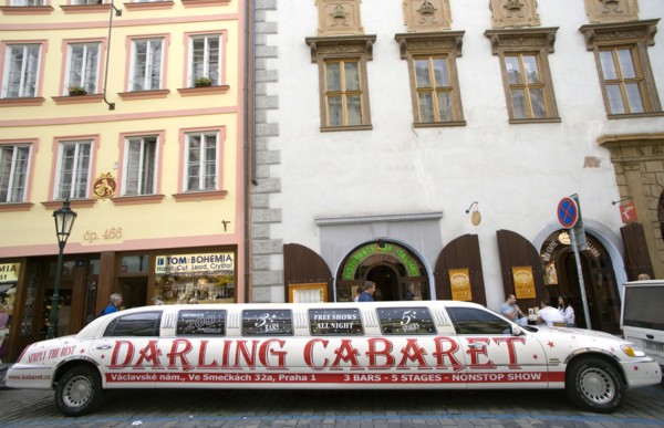 CZECH REPUBLIC, Bohemia, Prague, A stretch limo advertising a nightclub in the Old Town