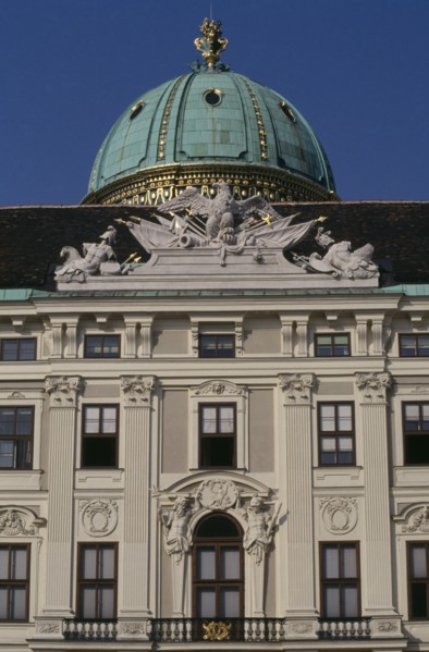 AUSTRIA, Vienna, Winter Palace.  Part view of exterior with copper and gold domed roof.