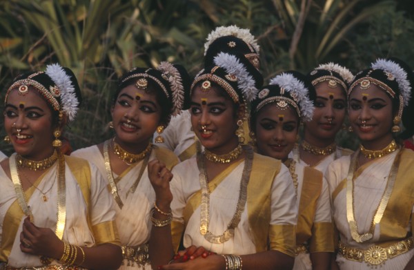 INDIA, Kerala, Thiruvananthapuram, "Mohiniyattam dancers at The Great Elephant March festival. A