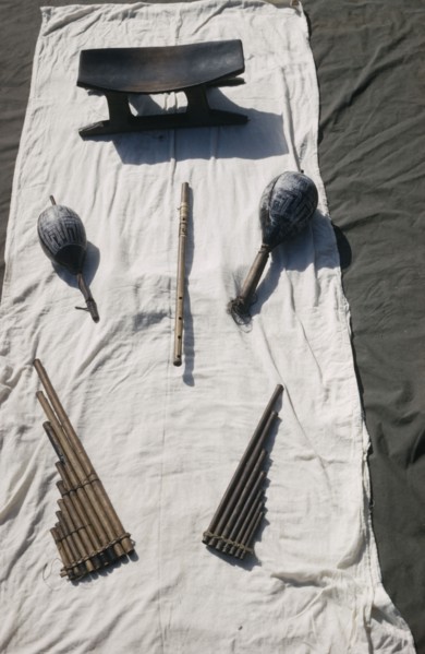 COLOMBIA, Vaupes Region, Tukano Tribe, "Tukano musical instruments with a stool used by tribal