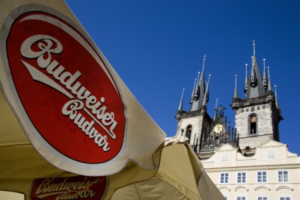 CZECH REPUBLIC, Bohemia, Prague, Restaurant umbrellas advertising the original Czech Budweiser