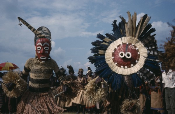 CONGO, Gungu, Bapende tribe masked dancers at Gungu festival.