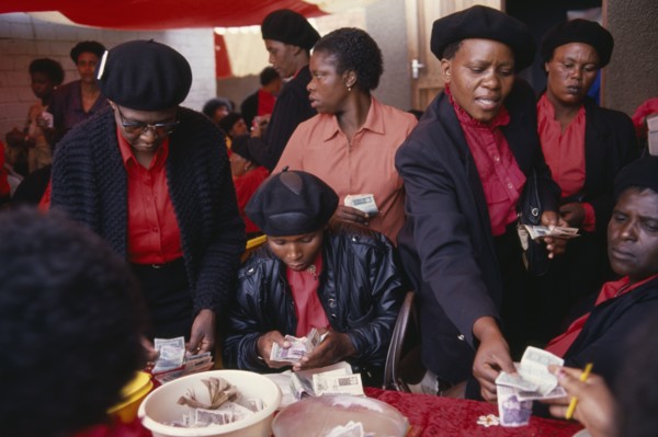 SOUTH AFRICA, Gauteng, Alexandra Township, "Female members of Burial Society or Stokvel counting