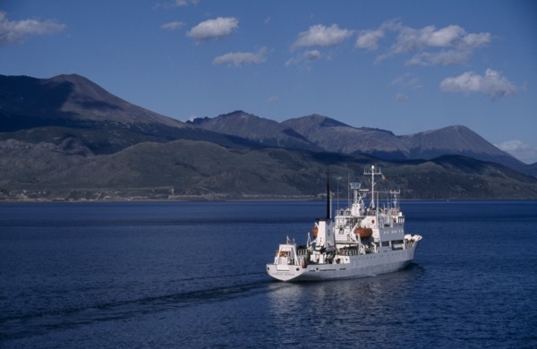 ARGENTINA, Tierra del Fuego, Ushuaia, Beagle Channel. Russian cruise ship called Multanovskiy