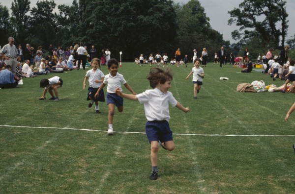 ENGLAND, Sport, Five year olds taking part in running race during school sports day.