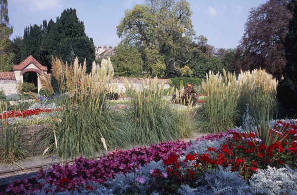 ENGLAND, East Sussex, Lewes, Southover Grange Gardens. Colourful flower bedding displays