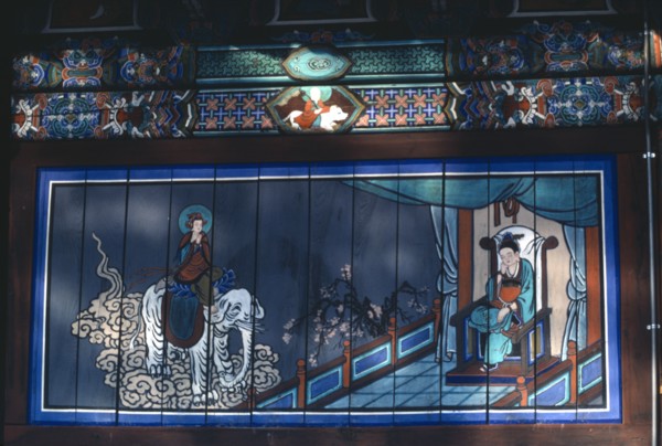 SOUTH KOREA, Kangwan Do, Soraksan, Detail of painted wall on Buddhist temple