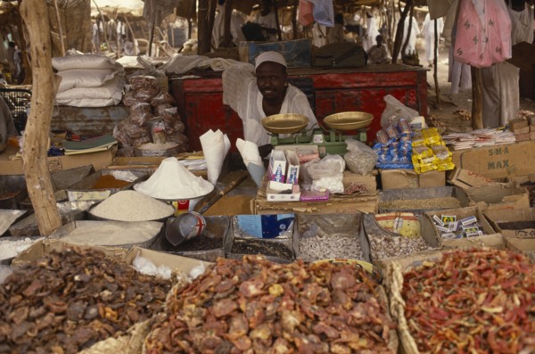 SUDAN, North Darfur, El Fasher, Market trader sitting behind scales and display of dried foodstuffs