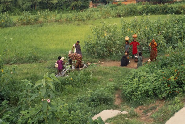 INDIA, Uttar Pradesh, Jhansi, Indian women drawing water from tubewell in rural area.