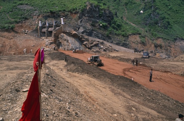NORTH KOREA, N. Hwanghae Prov., Linsan County, Reconstruction of dam damaged by 1995 floods.