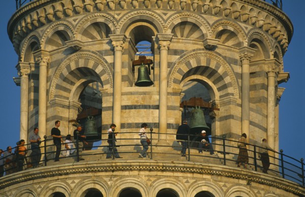 ITALY, Tuscany, Pisa, Campanile or Leaning Tower of Pisa.  Detail of top level and bells with