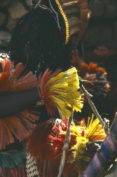 MALI, Ceremony, Dogon dancer wearing costume of red and yellow fringed fibre with bead and cowrie