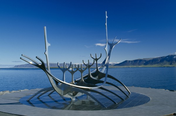 ICELAND, Reykjavik, Near klapparstigur. Viking Ship sculpture called the Suncraft