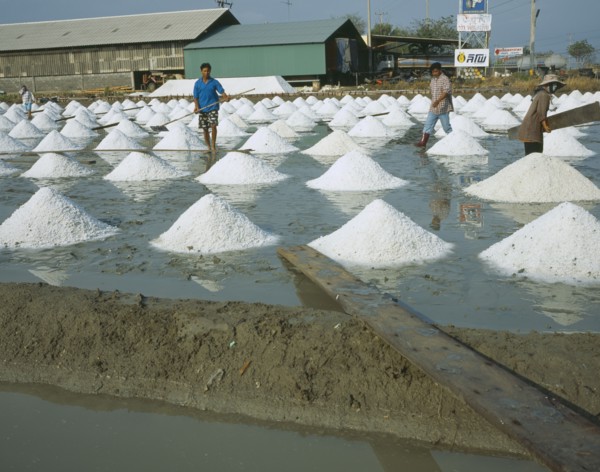 THAILAND , Ratchaburi Province, Three people working at Salt pans outside Bangkok on the road to