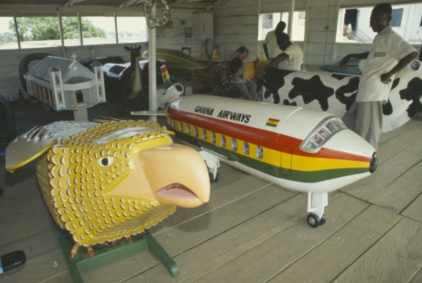GHANA, Accra, Painted coffins in the shap of a Aeroplane and Eagle.