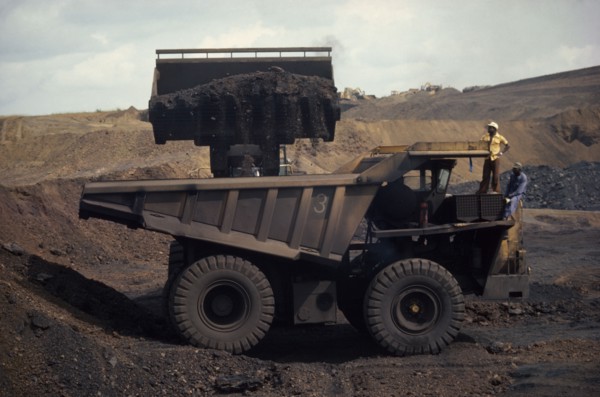 GABON, Moanda, Loading large truck at manganese mine.