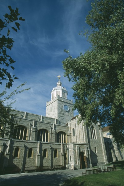 ENGLAND, Hampshire, Portsmouth, Old Portmouth. High Street. Cathedral of St Thomas framed by tree