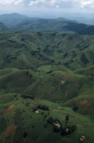 RWANDA, Landscape, Agricultural landscape with scattered huts and small holdings.