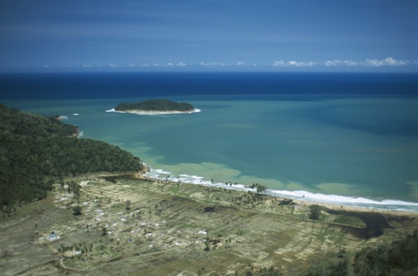 INDONESIA, Tsunami, Aceh Province, "Aerial shot looking down on flooded Aceh coastline and