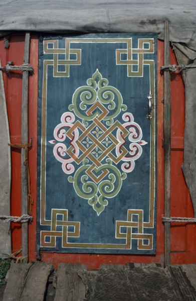 MONGOLIA, General, Painted wooden door of yurt.