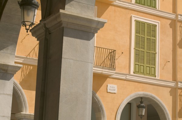 SPAIN, Balearic Islands, Mallorca, "Palma de Mallorca, Detail of the architecture in Placa Major
