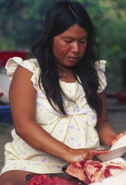 PERU, Departamento de Ucayali, Sepahua, Machiguenga indian woman preparing meat.