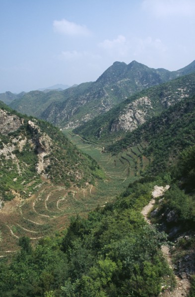 CHINA, Hebei, Beijing, Valley with agricultural terracing.