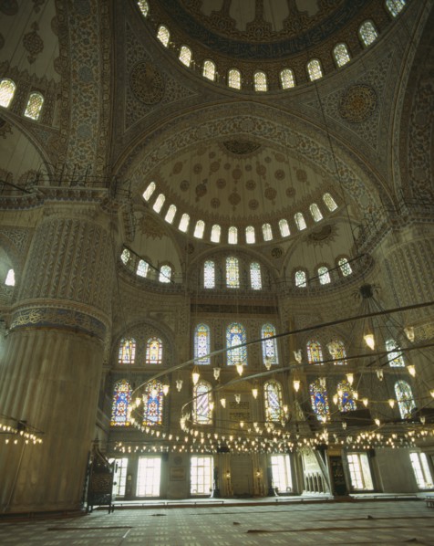 TURKEY, Istanbul, "Interior of Blue Mosque of Sultan Ahmet. Dome roof, stained glass windows and