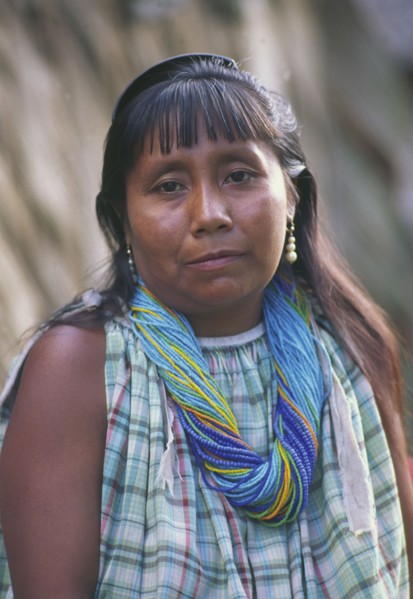 VENEZUELA, Orinoco Delta, "Warao Indian woman, wearing many beaded necklaces."