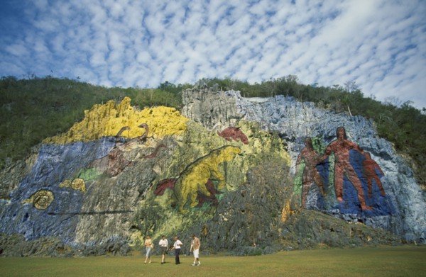 CUBA, Vinales, Mural de la Prehistoria.  Painting by Leovigildo Gonzales depicting evolution from