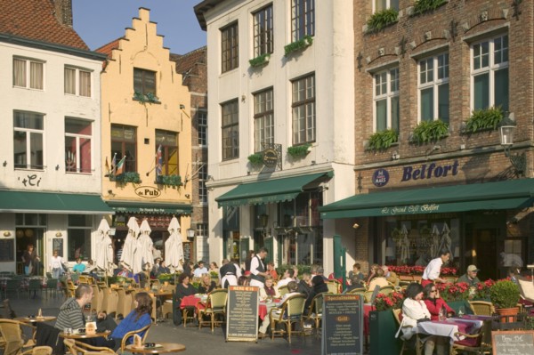 BELGIUM, West Flanders, Bruges, "Restaurants and cafes in Eiermarkt near the Markt, Square."