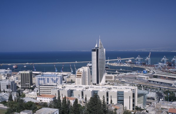 ISRAEL, Haifa, Elevated view of downtown area with modern tall buildings including a fish shaped