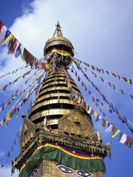 NEPAL, Kathmandu, Swayambhunath Stupa with Buddhas Eyes - 5 different shaped layers representing