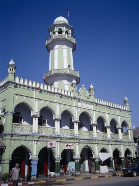 MYANMAR, Maymyo, Pale green and white painted exterior of mosque on Lashio Road with central