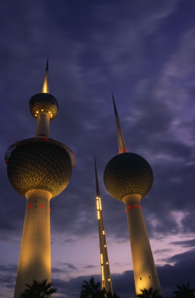 KUWAIT, Kuwait City, Kuwait Towers at dusk.