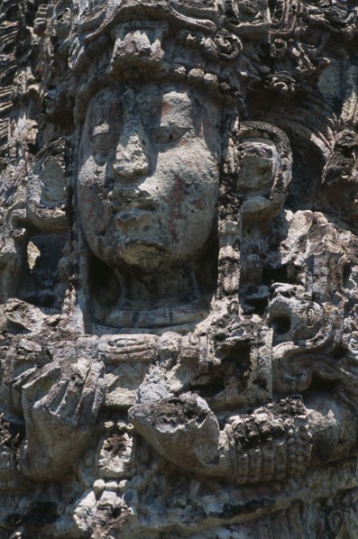 HONDURAS, Copan, Detail of Stela H (AD 730) depicting King 18 Rabbit in the Great Plaza of ancient