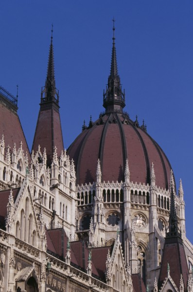 HUNGARY, Budapest, Part view of domed roof and exterior facade of Parliament building. Eastern