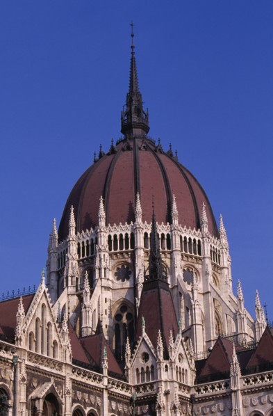 HUNGARY, Budapest, Domed roof and exterior facade of Parliament building. Eastern Europe
