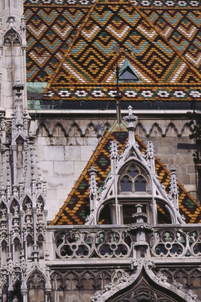 HUNGARY, Budapest, Castle Hill.  Matyas Church  detail of exterior and coloured roof tiles. Eastern