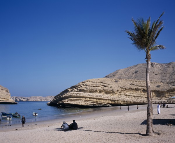 OMAN, Muscat, "Bandar Jissah beach near Al-Bustan Hotel just outside the capital city.  People at
