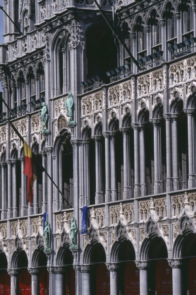BELGIUM, Brabant, Brussels, Grand Place.  Maison du Roi.  Part view of exterior with carved