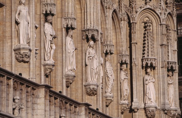 BELGIUM, Brabant, Brussels, Grand Place.  Hotel de Ville  detail of facade decorated with statues