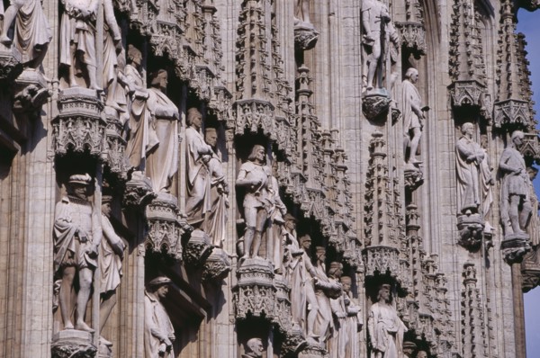 BELGIUM, Brabant, Brussels, Grand Place.  Hotel de Ville  detail of facade decorated with statues
